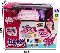 Caisse enregistreuse avec chariot de supermarché et achats