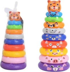 Pyramide à empiler colorée avec anneaux et autocollants d’animaux tigre