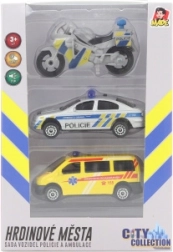 City Collection : ensemble moto de police, voiture de police et ambulance avec lumière et son