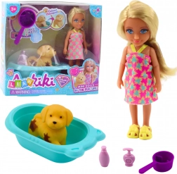Set poupée avec chien pour le bain avec accessoires interactifs