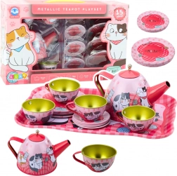 Service à thé en métal pour enfants motif chatons, rose, 15 pièces