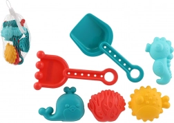 Set en plastique pour sable pour enfants avec pelle, râteau et moules dans un filet
