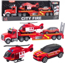 Set de pompiers avec remorque porte-engins, hélicoptère et voiture avec lumières et sons