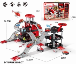 Parking avec 6 voitures en métal et hélicoptère