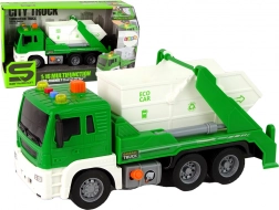 camion poubelle en plastique vert 1:16 avec mécanisme à friction et lumières
