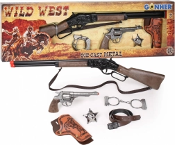 Set de cow-boy – fusil, revolver, menottes et étoile de shérif pour amorces