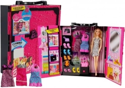 armoire de mode pour poupées valisette rose avec set d’accessoires