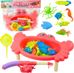 set de pêche de table crabe – rose, 10 poissons, canne et épuisette