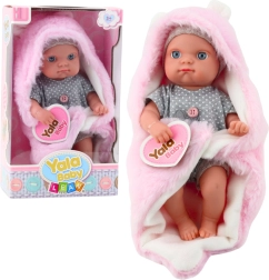 Poupée en tissu bébé en pyjama gris avec couverture rose à oreilles de lapin 23 cm