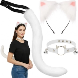 Costume chat, renard ou loup 3-en-1 RUHHY – set blanc avec queue, oreilles et choker