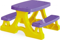 Table de pique-nique en plastique avec bancs, jaune‑violet