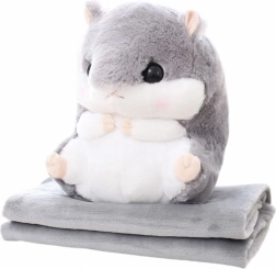 Hamster en peluche 3-en-1 avec couverture et chauffe-mains, gris 35 cm