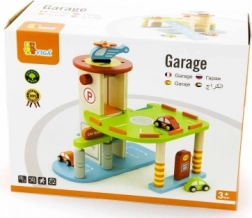 Garage en bois avec petites voitures et hélicoptère