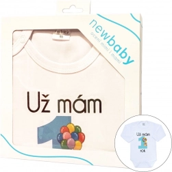 body bébé avec imprimé New Baby j’ai déjà 1 an bleu, coffret cadeau
