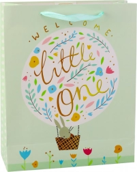 Sac cadeau vert avec petit lapin pour souhaiter la bienvenue au bébé