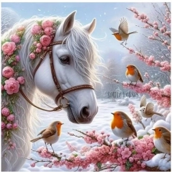 Mosaïque de diamants - Cheval en hiver avec rouge-gorge