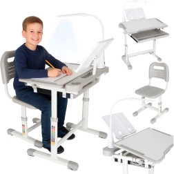 Bureau d’écriture évolutif pour enfant avec chaise et lampe LED, gris