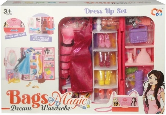 Ensemble enfant 2-en-1 : sac à main avec armoire/penderie pliable et accessoires