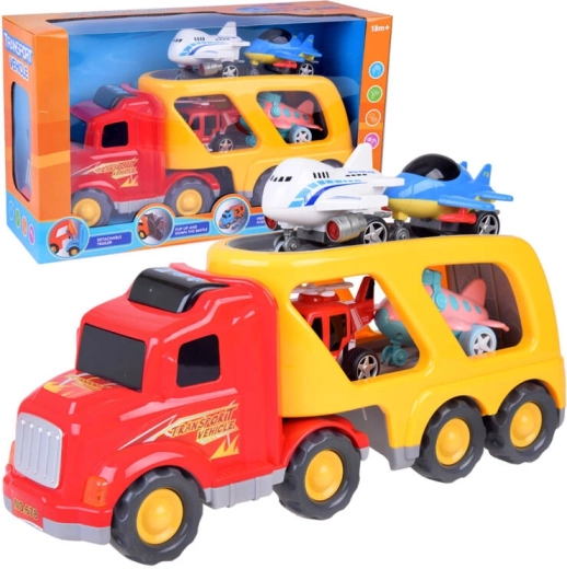 Grand camion-tracteur – transporteur de voitures avec avions et hélicoptère avec sons