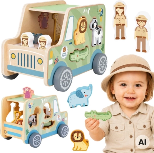 Voiture safari en bois avec animaux à encastrer Tooky Toy