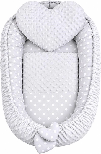New Baby Nid bébé luxueux réversible avec coussin et couette Minky cœur gris