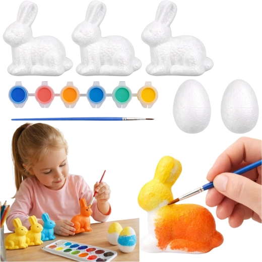 Set de peinture pour décorations de Pâques en polystyrène – 3 lapins et 2 œufs
