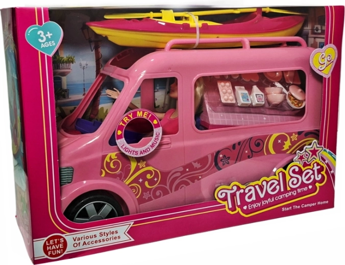 Camping-car rose pour poupée avec lumière, son et accessoires - 1 pièce