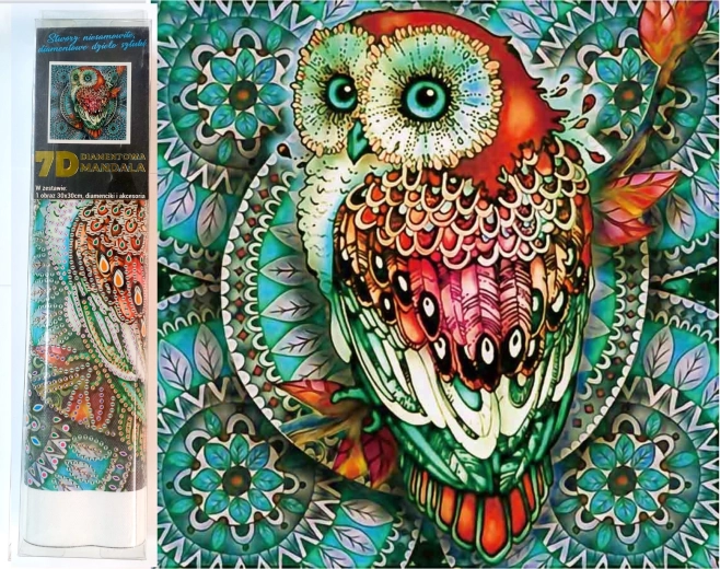 Peinture diamant 7D – chouette sur mandala bleu 30 × 30 cm