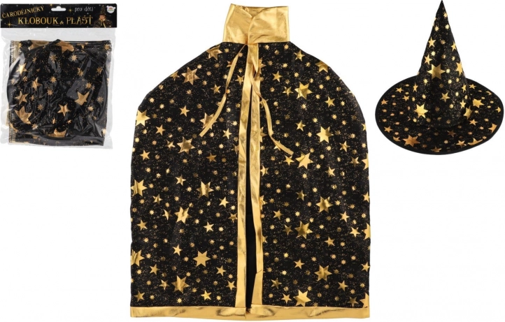 Chapeau et cape de sorcier/sorcière pour enfant noir et or, diamètre 38 cm