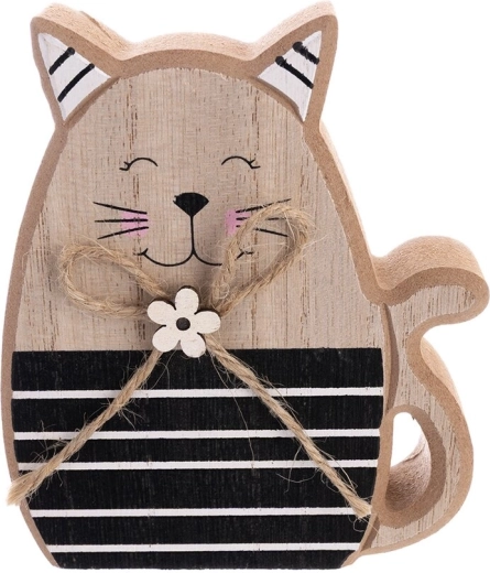 Décoration en bois chat beige/noir 12 cm