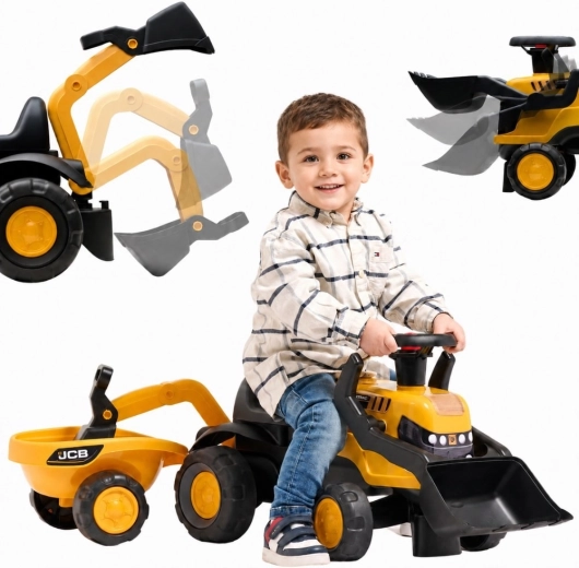 Porteur enfant JCB avec remorque, pelle et râteau