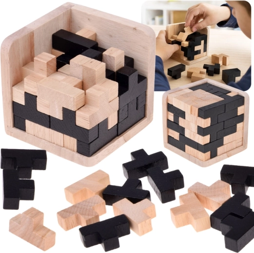 Cube logique 3D en bois Tetris noir-naturel