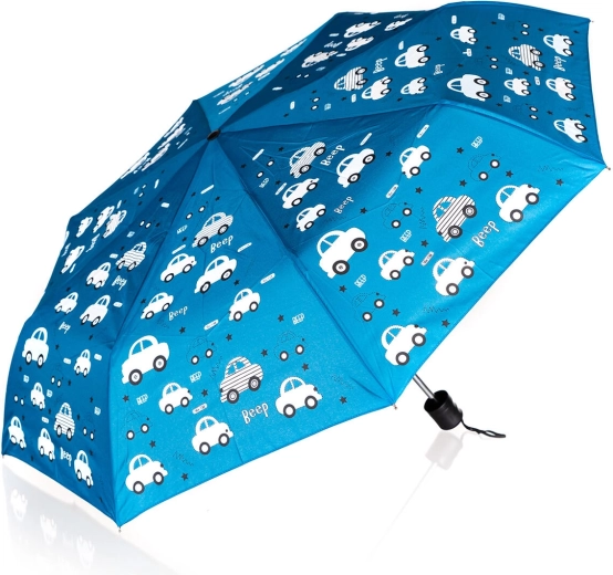Parapluie pliant pour enfants 52 cm à couleurs changeantes – bleu avec petites voitures