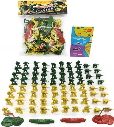Ensemble militaire de figurines de soldats avec barricades et drapeaux (87 pièces)