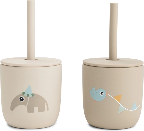 Done by Deer gobelets en silicone avec paille Celebration sable 2 pcs