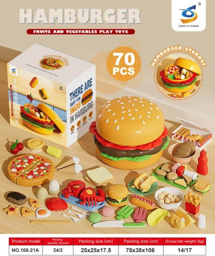 Set enfant fast-food dans un hamburger avec 70 accessoires