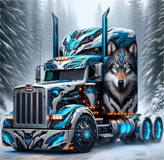 Peinture diamant Norimpex Camion avec un loup dans un paysage hivernal 30 × 40 cm