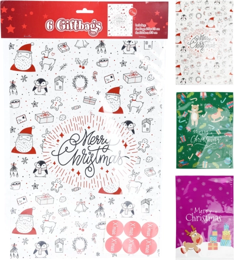 Sachets cadeau en cellophane avec autocollants, assortiment de couleurs, décor 2 (43 × 29 cm, 6+6 pcs)