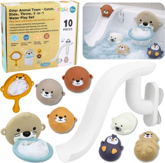 Set de jouets de bain loutre et petits animaux avec toboggan et filet, 10 pièces