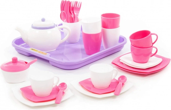Service à thé rose et blanc avec plateau - 35 pièces