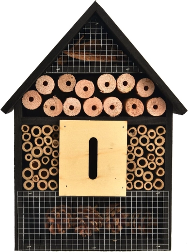 Hôtel à insectes en bois naturel, noir, 22 × 9 × 30 cm