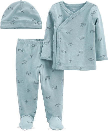 Carter’s ensemble bébé 3 pièces Blue Dino – body cache-cœur à manches longues, pantalon pieds intégrés et bonnet