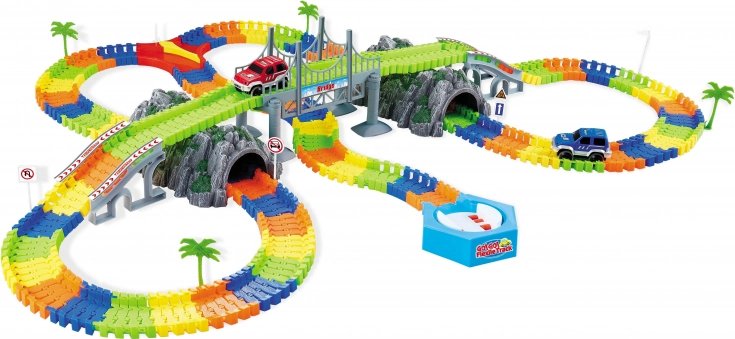 Piste de course Flexi avec deux tunnels et 2 voitures