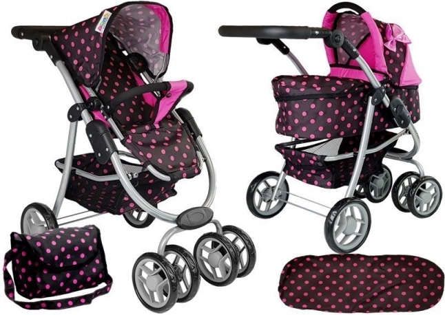 Poussette pour poupées avec sac noir et rose