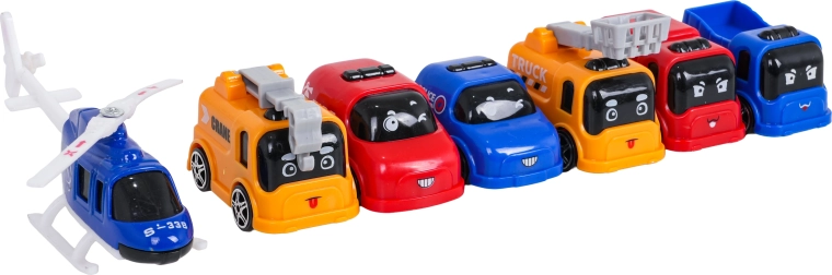 6 petites voitures, hélicoptère et accessoires routiers