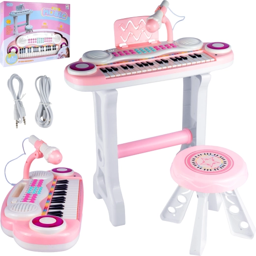 piano électronique pour enfants avec microphone et tabouret, rose, MP3/USB