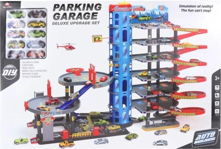 Grande garage à étages avec petites voitures et héliport