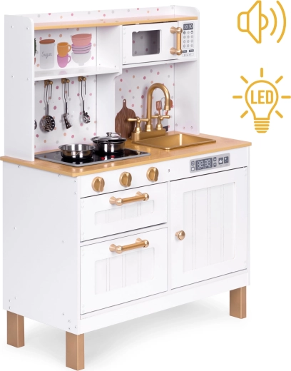 Cuisine en bois pour enfants avec sons et lumières LED, grande, avec placards ouvrants et 7 accessoires, ECOTOYS