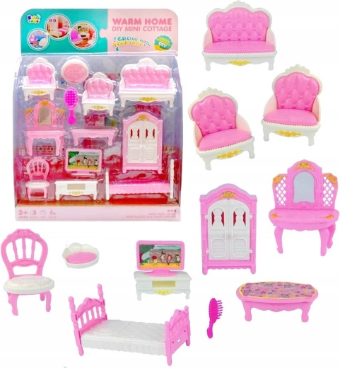Mobilier rose et blanc pour maison de poupées – set de 12 pièces