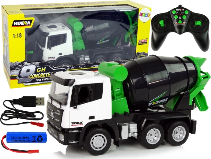 Camion malaxeur à béton radiocommandé Huina 1:18 noir et blanc avec détails verts